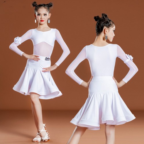 Girls Kids White Color Ballroom Latin Dance Dresses Children Professional Ballroom Latin Dancing Costumes For Girl